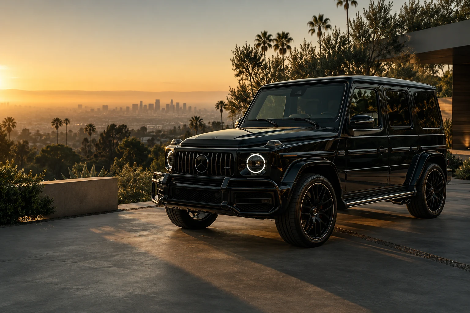 Illustrative black luxury SUV overlooking the Los Angeles hills